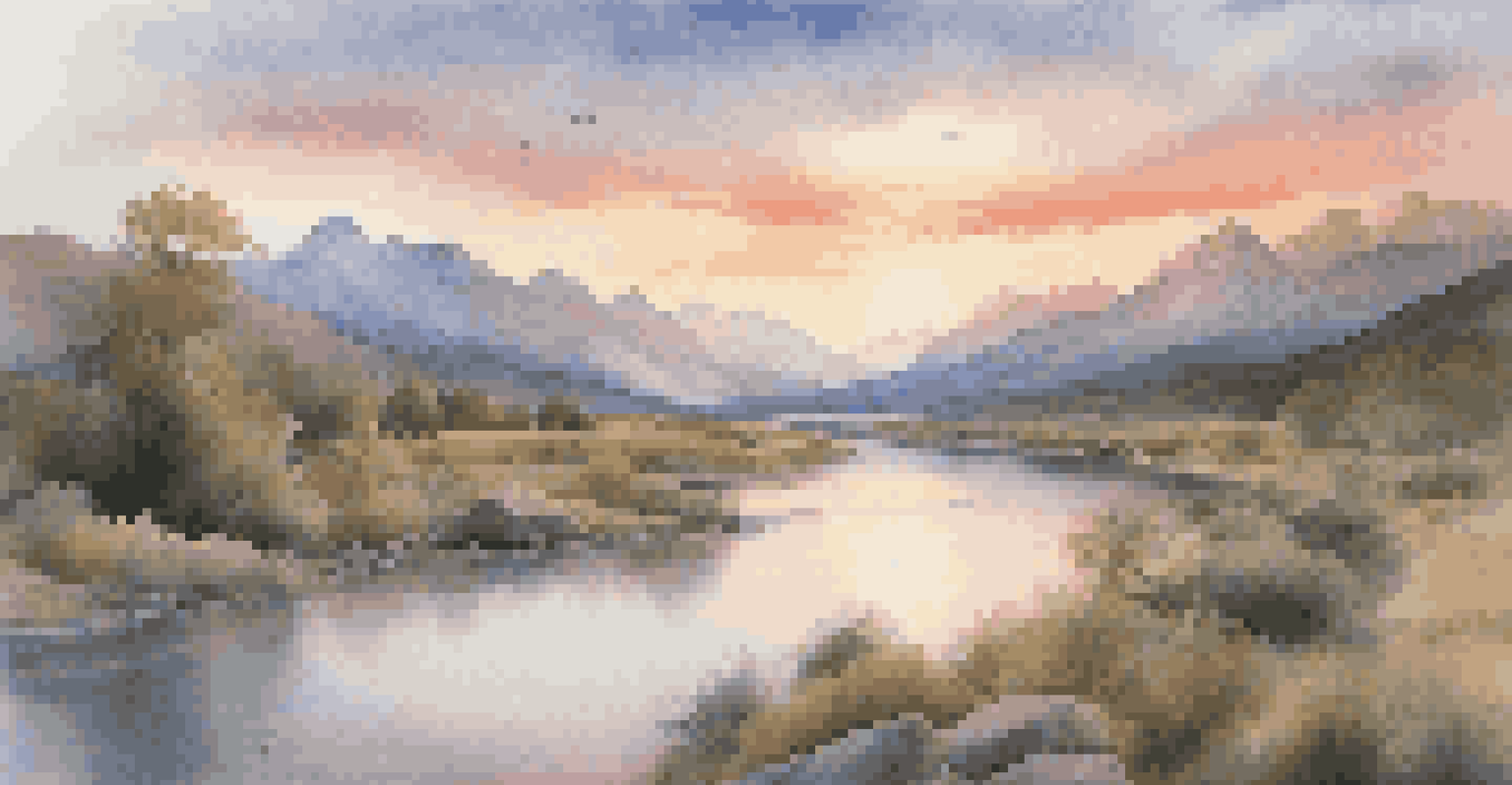 An artist group capturing the sunrise over a mountain landscape, with a river in the foreground.