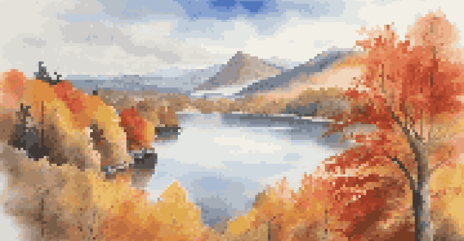 An aerial view of vibrant autumn foliage surrounding a calm lake in the mountains.