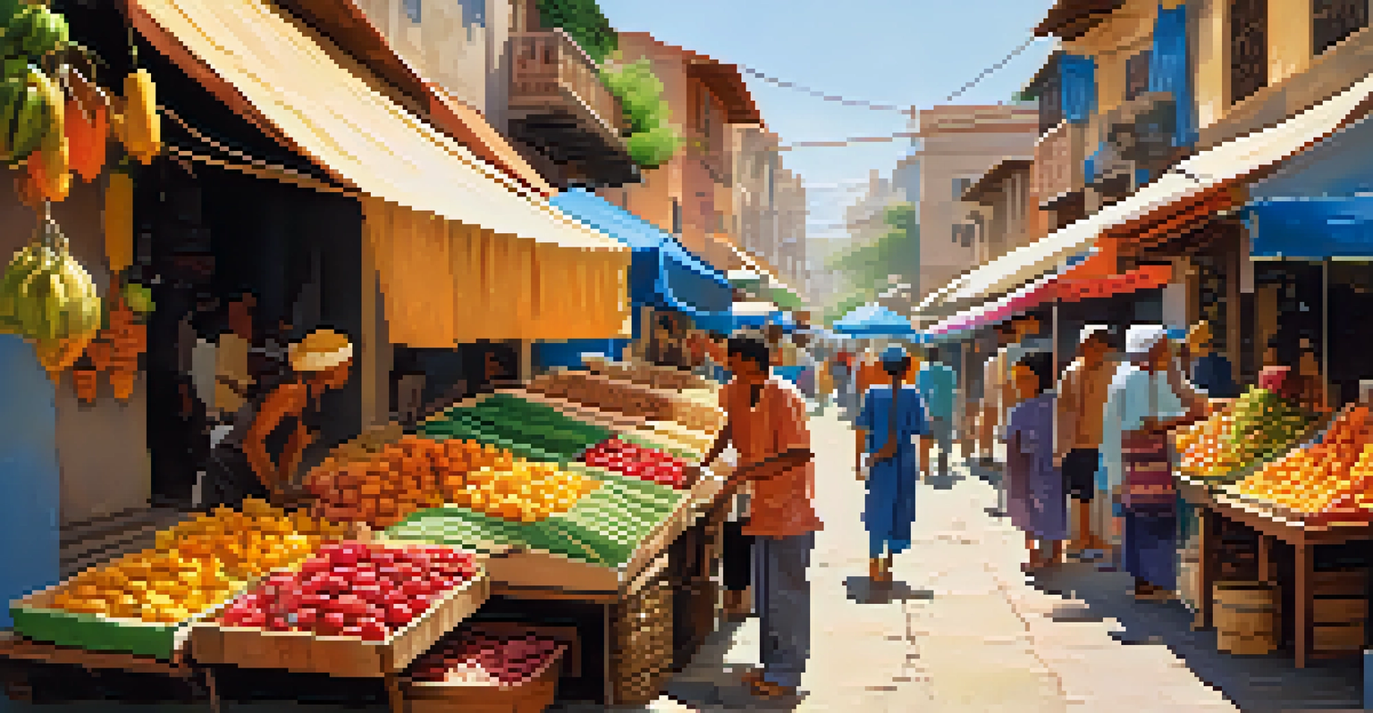 A busy market street filled with colorful stalls, diverse people interacting, and children playing in bright sunlight.