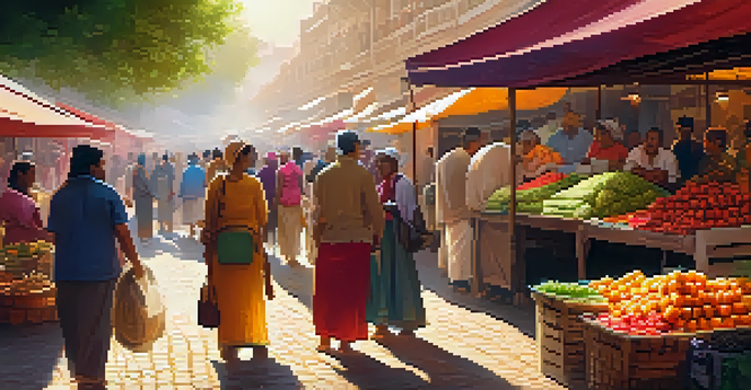 A lively market with colorful stalls and diverse people shopping and interacting under warm sunlight.