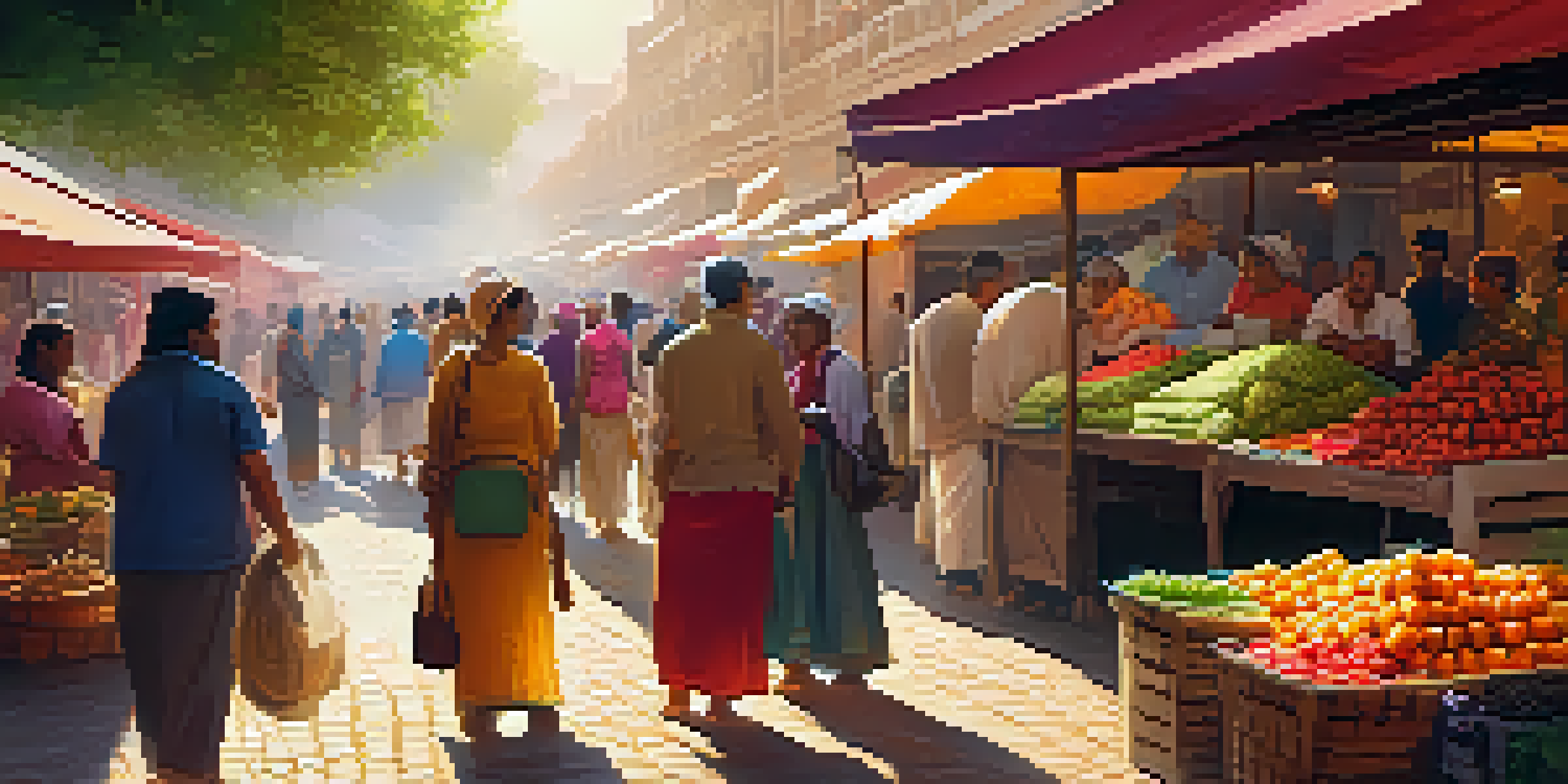 A lively market with colorful stalls and diverse people shopping and interacting under warm sunlight.