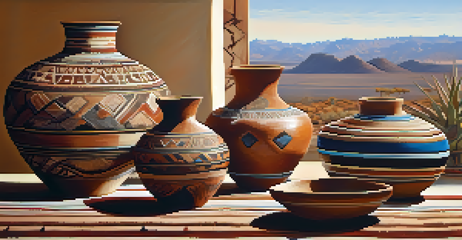 A colorful arrangement of Native American pottery showcasing intricate designs on a woven textile with a desert landscape in the background.