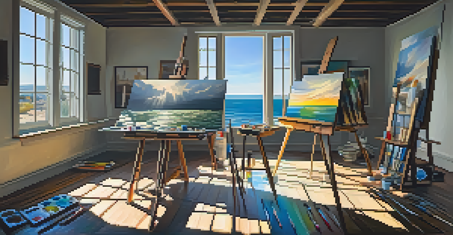 An artist's studio with colorful canvases and paint supplies, illuminated by sunlight, featuring a half-finished seascape painting on an easel.