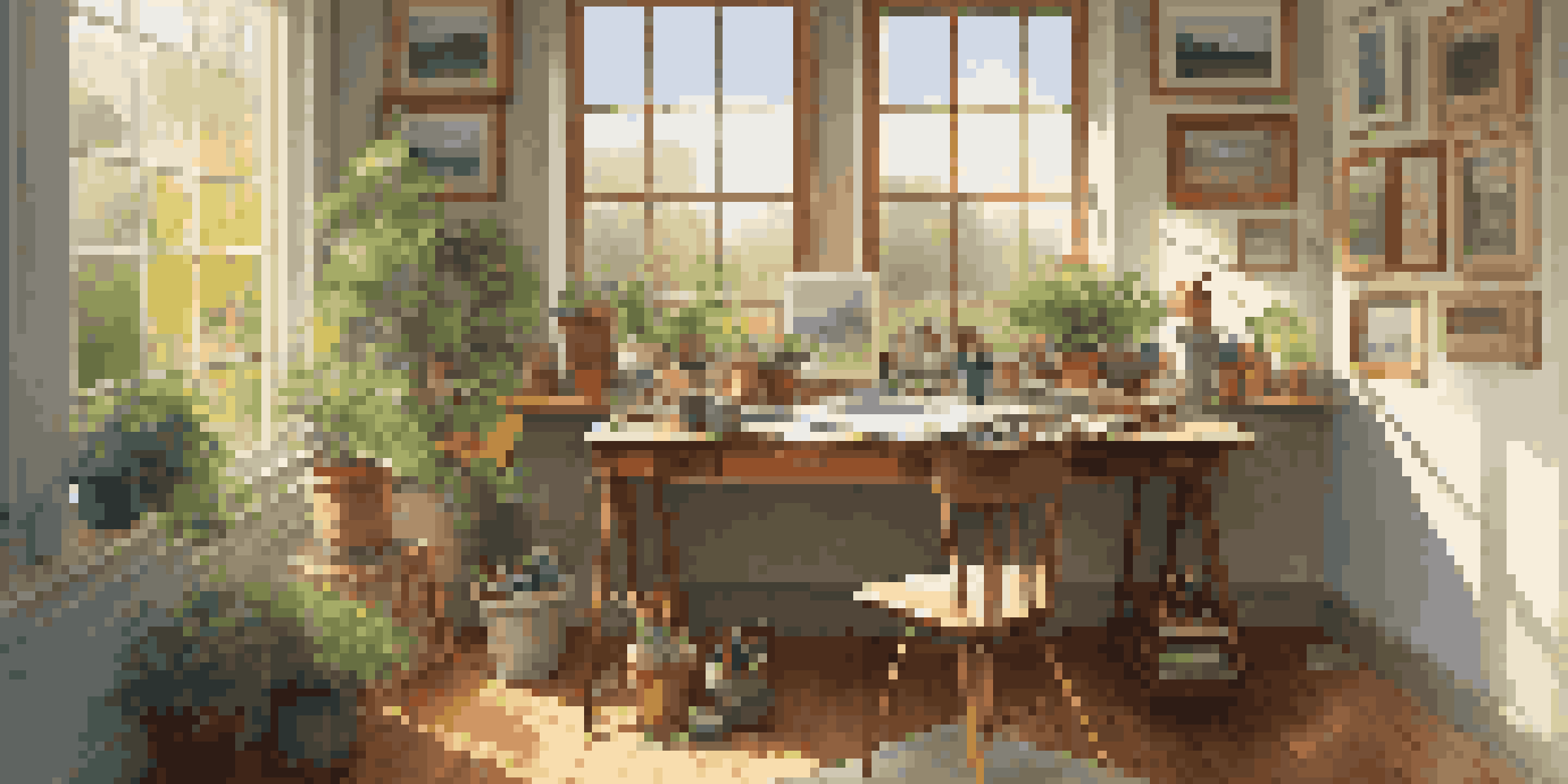 A bright and inviting artist's workspace with paints and brushes on the desk, and a canvas of a landscape being created, illuminated by sunlight.