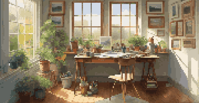 A bright and inviting artist's workspace with paints and brushes on the desk, and a canvas of a landscape being created, illuminated by sunlight.