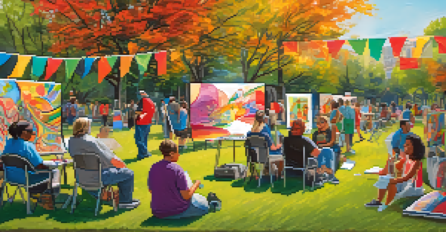 A lively community art event in a park featuring artists with disabilities collaborating on a mural and showcasing their work to an enthusiastic audience.