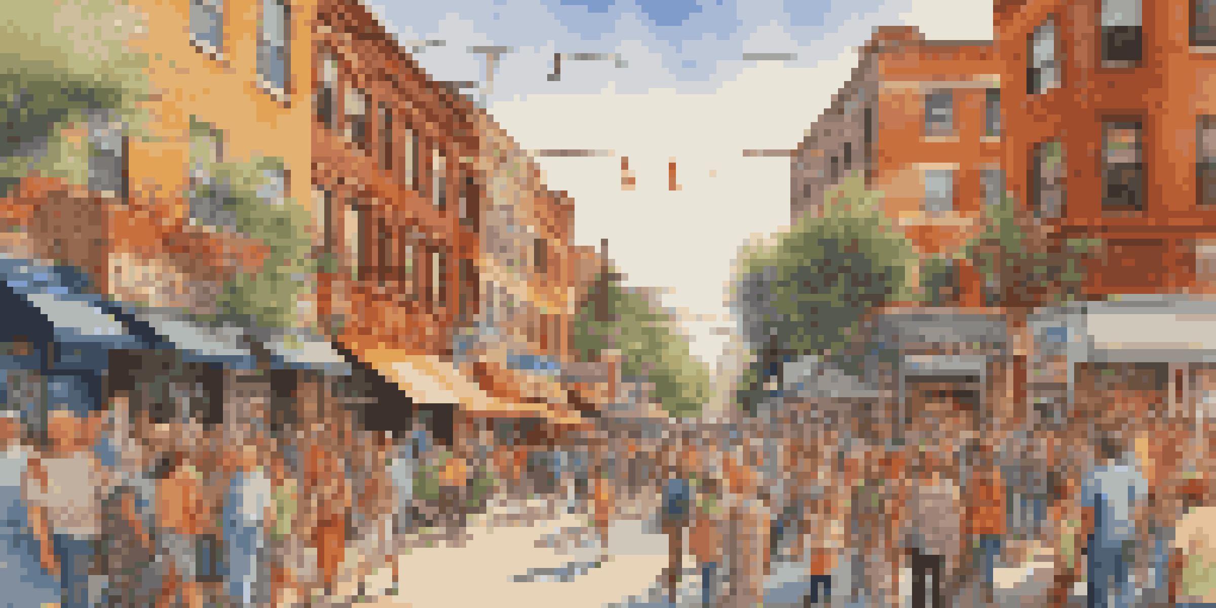 A busy city street with a colorful mural showcasing local history and culture, surrounded by diverse people interacting.