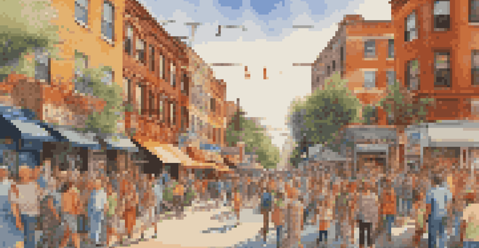 A busy city street with a colorful mural showcasing local history and culture, surrounded by diverse people interacting.