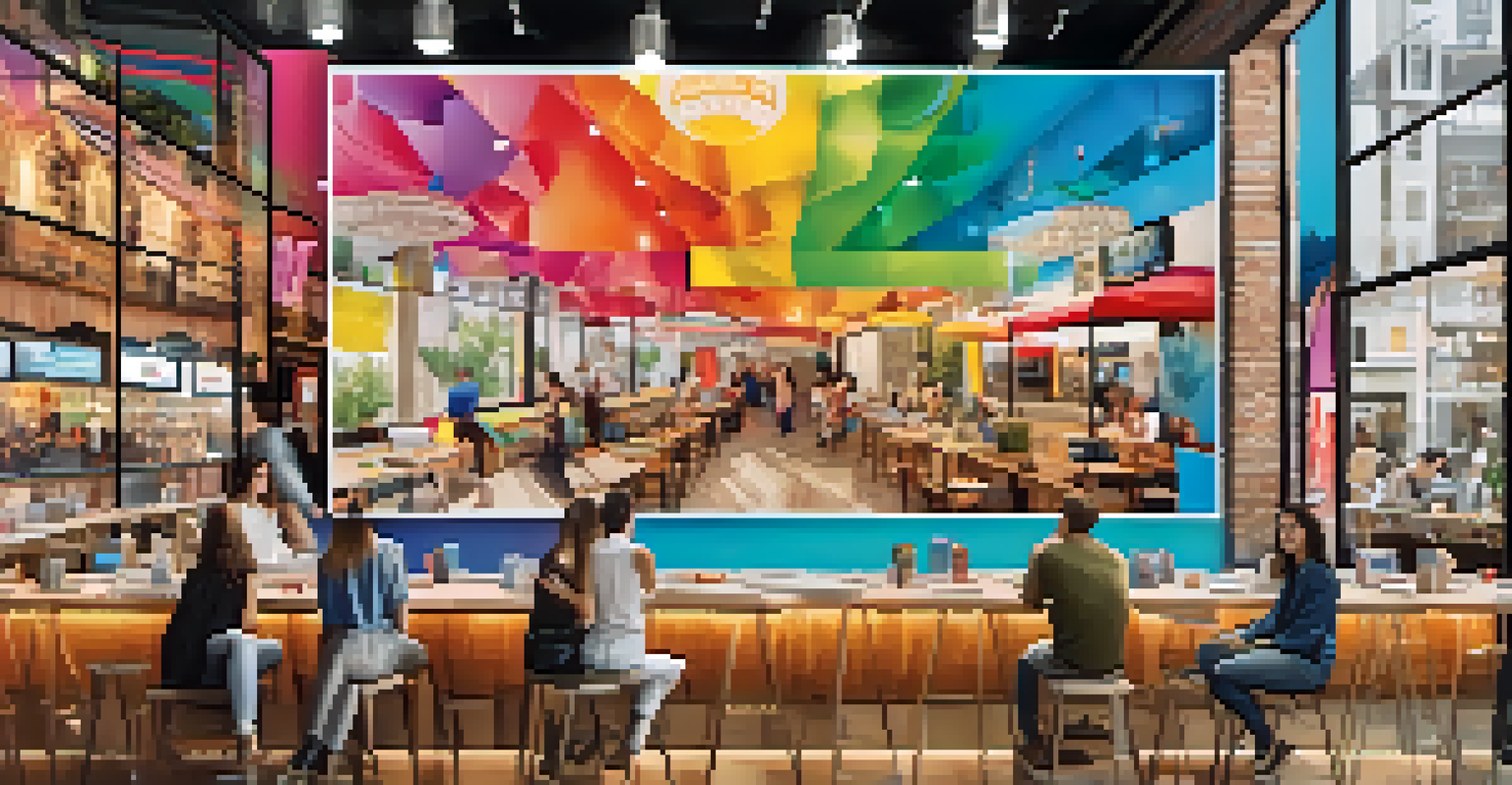 A vibrant social media campaign display in a cafe, featuring a collage of user-generated content and engaged customers.