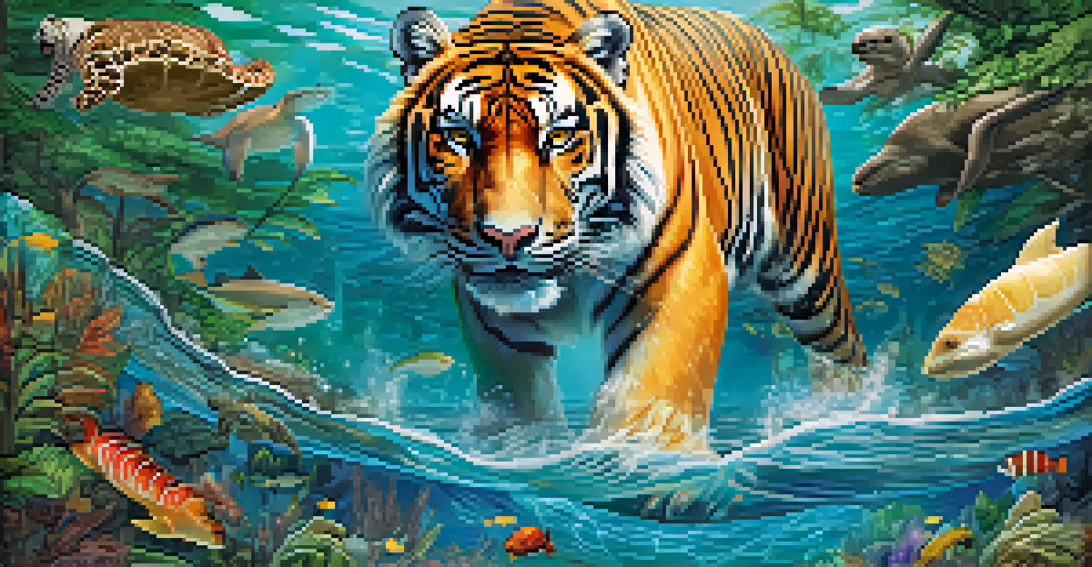 A collage of endangered species including a tiger, polar bear, and sea turtle in their respective habitats.