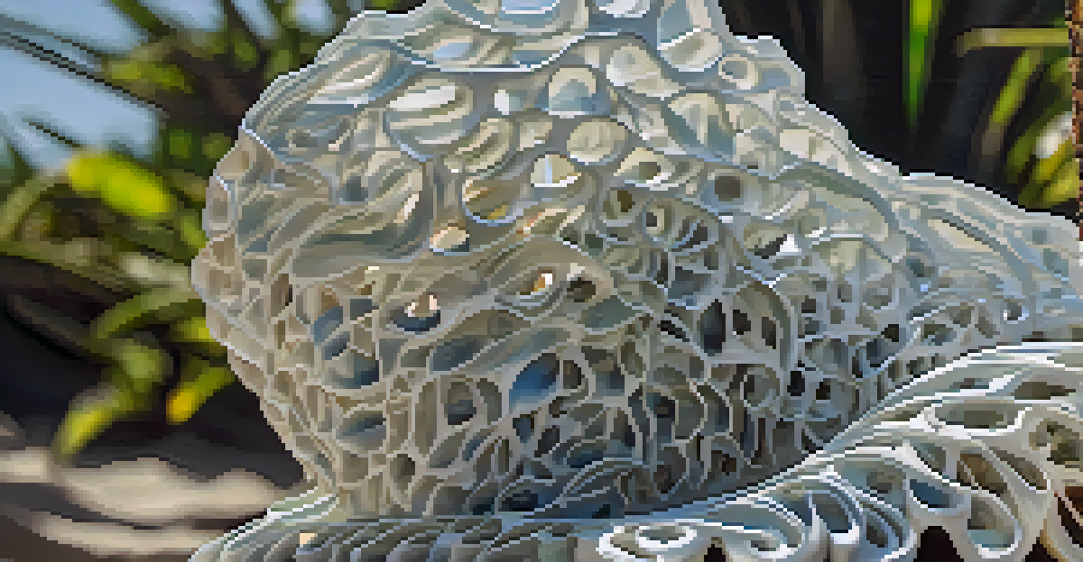 A detailed sculpture made from ocean plastic, set against a soft natural background with sunlight filtering through leaves.