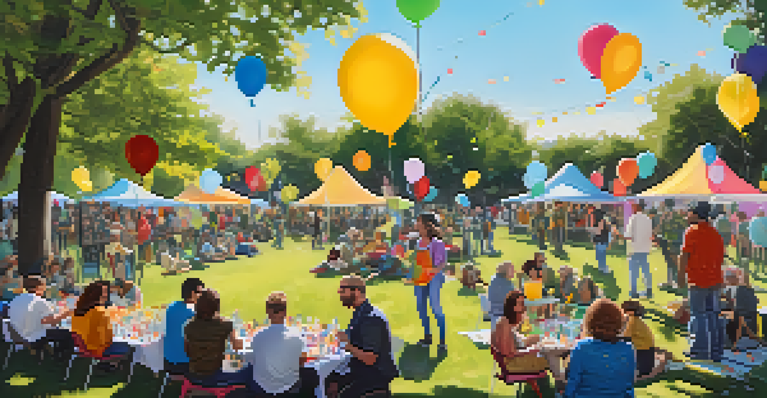 A community gathering in a park with artists collaborating on a painting event under trees.