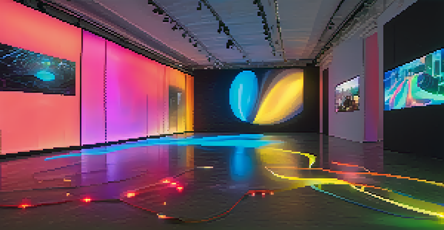 A futuristic art installation with dynamic light projections responding to music in a dimly lit gallery.
