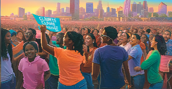 A diverse group of people passionately protesting for climate change awareness with colorful signs against a sunset city skyline.