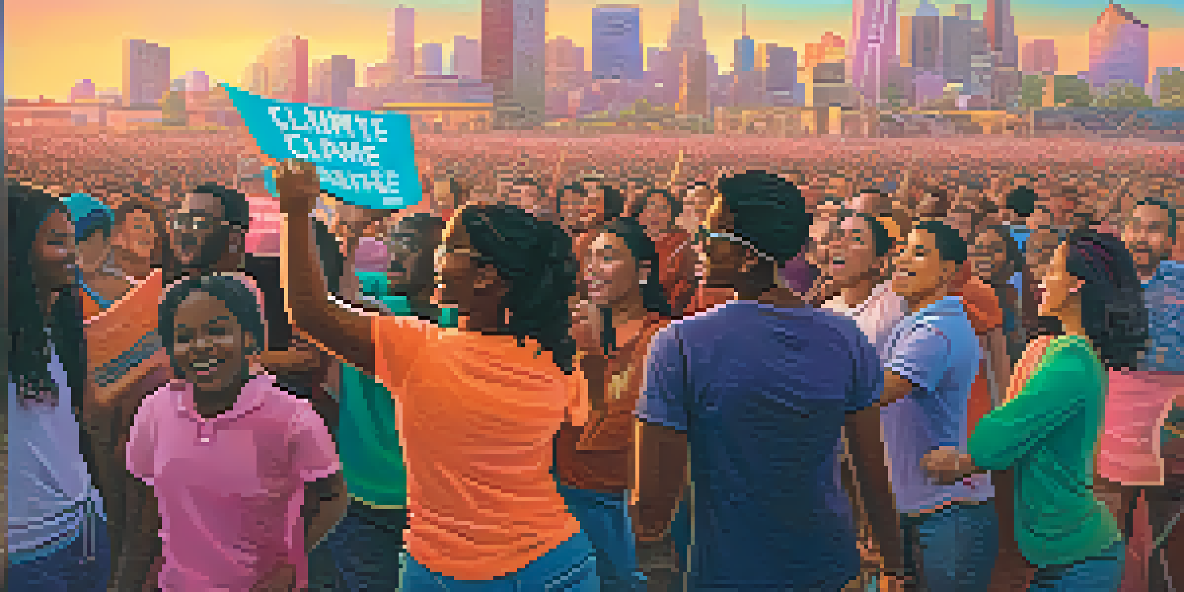 A diverse group of people passionately protesting for climate change awareness with colorful signs against a sunset city skyline.