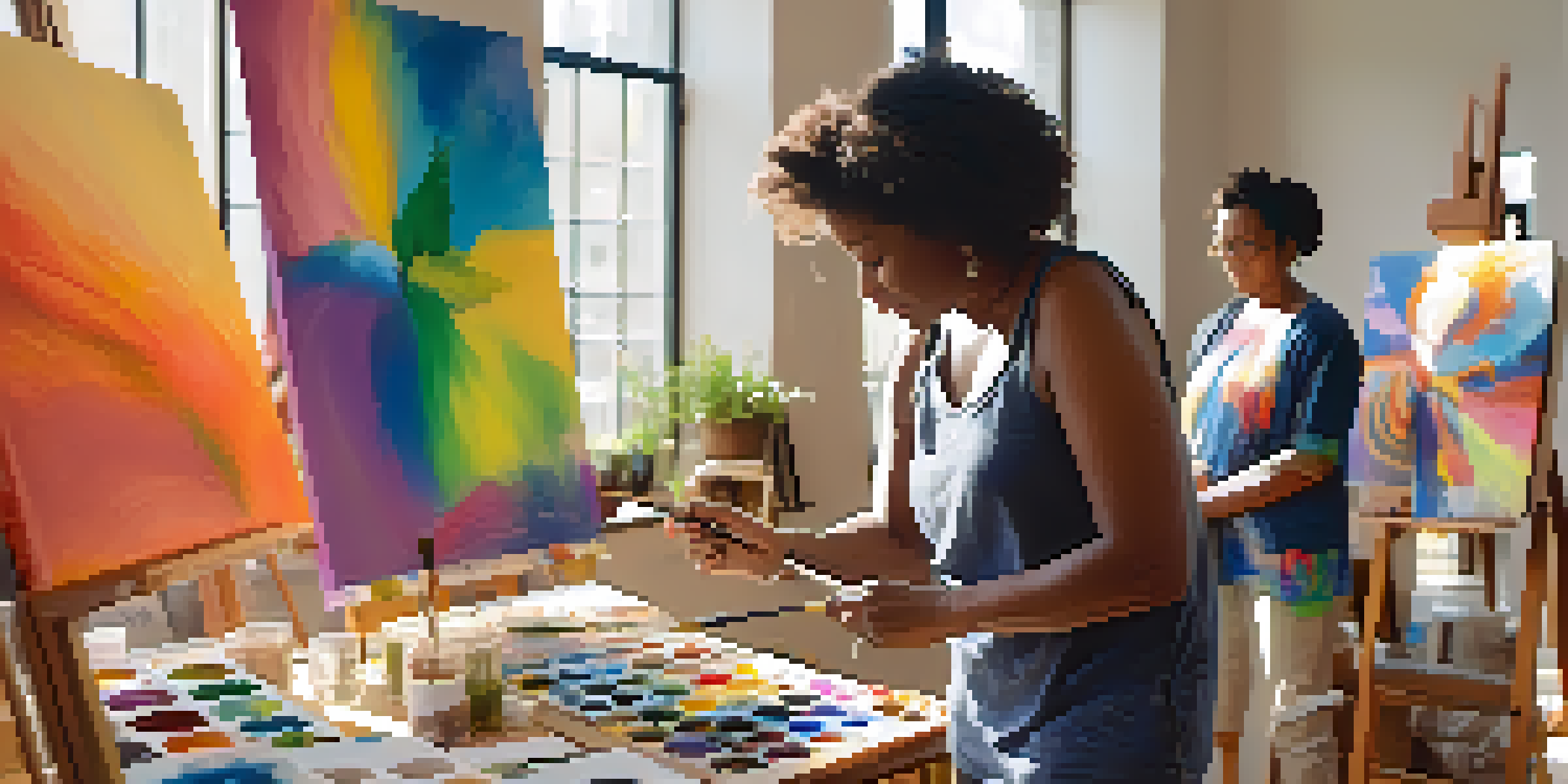 A community art therapy session where diverse participants paint in a sunlit room, surrounded by colorful artworks.