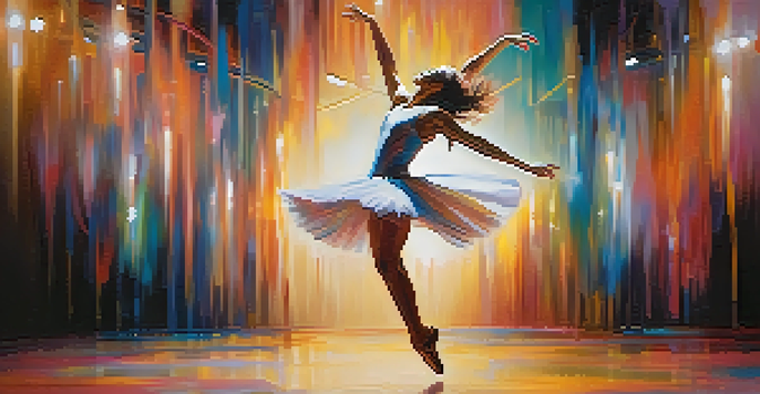 A dancer in mid-leap on stage, illuminated by soft lighting with abstract colorful shapes in the background.