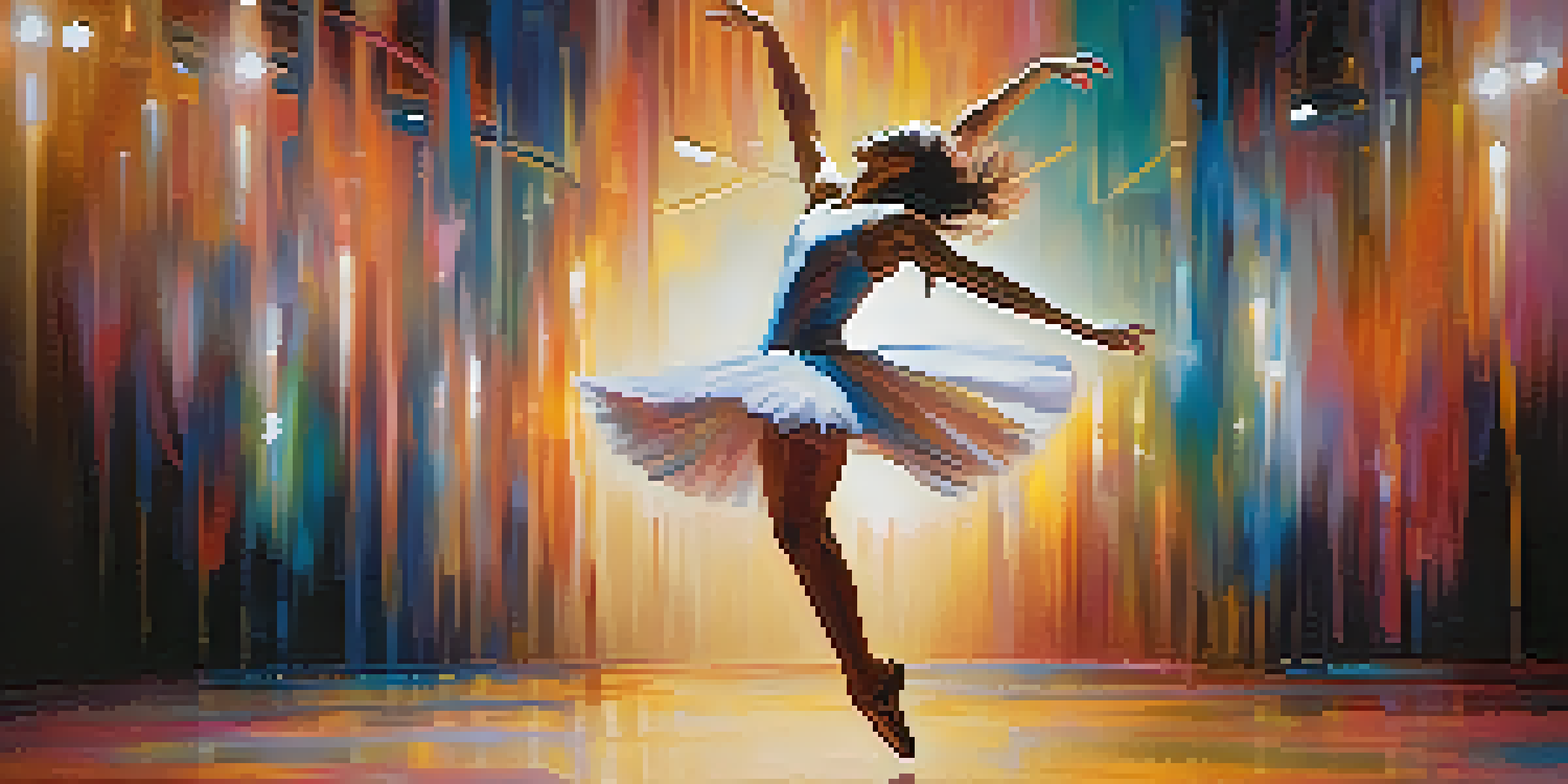 A dancer in mid-leap on stage, illuminated by soft lighting with abstract colorful shapes in the background.