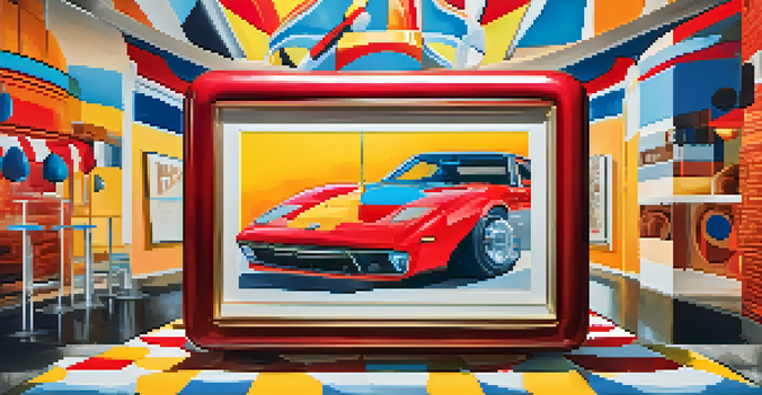 A colorful digital artwork representing the intersection of art and advertising, with abstract shapes surrounding a central product.