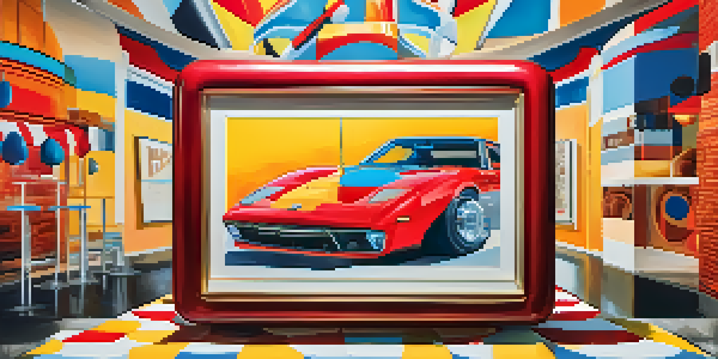 A colorful digital artwork representing the intersection of art and advertising, with abstract shapes surrounding a central product.