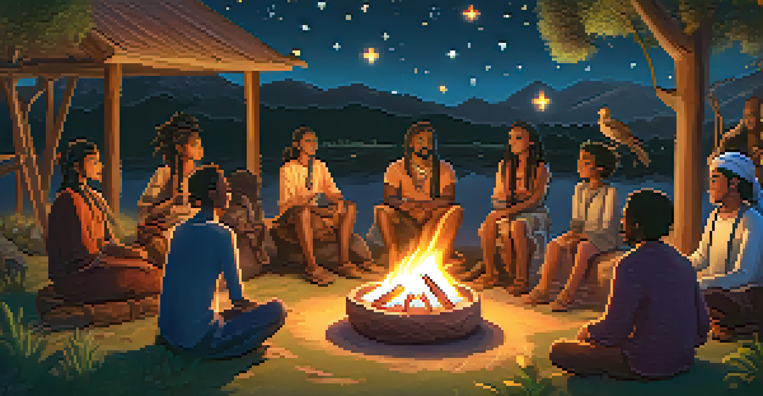 A digital artwork showing diverse characters around a campfire, sharing stories under a starry night, representing modern interpretations of folklore.