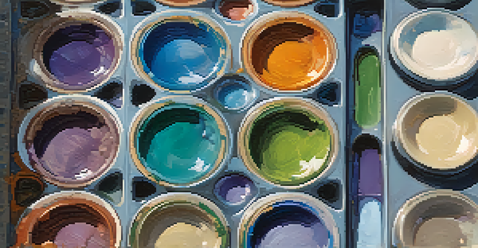 A detailed view of an artist's palette with various cool paint colors, illuminated by soft natural light.