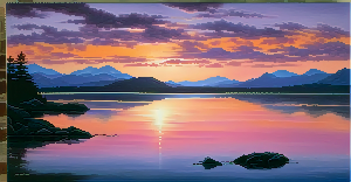 A picturesque sunset over a calm lake with warm colors reflecting on the water, surrounded by distant mountains and scattered clouds.