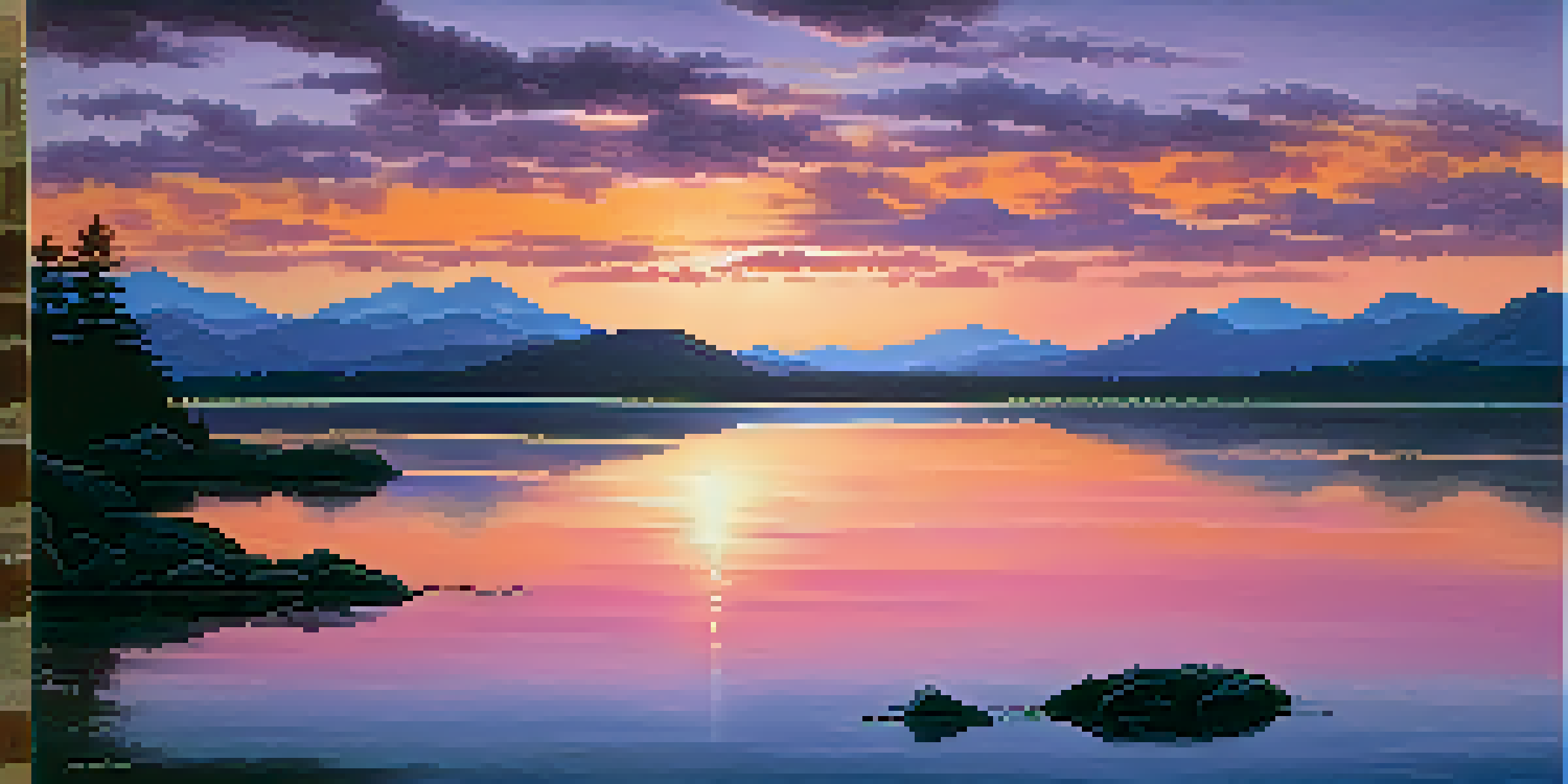 A picturesque sunset over a calm lake with warm colors reflecting on the water, surrounded by distant mountains and scattered clouds.