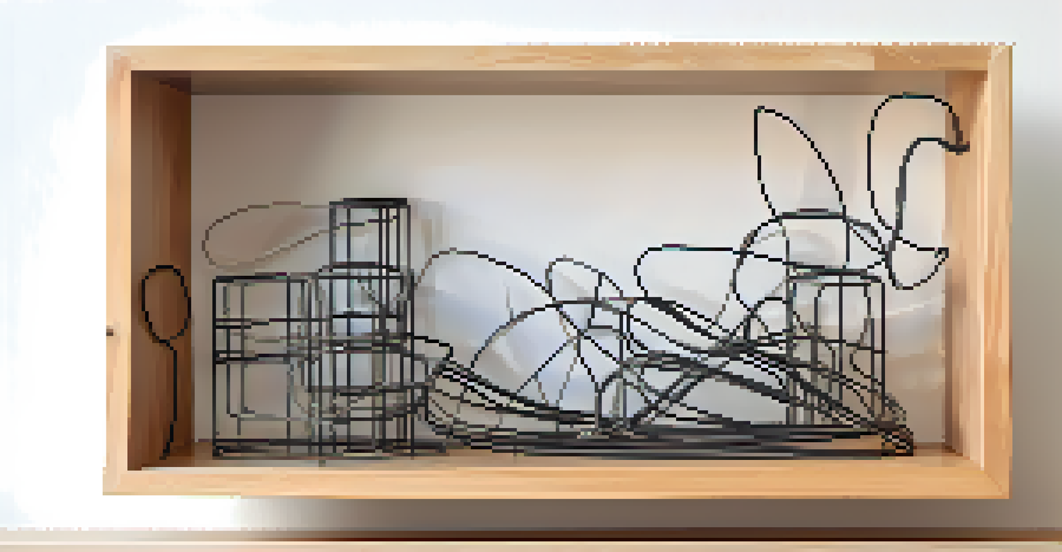 An assortment of wire sculptures displayed on a wooden shelf, illuminated by soft lighting.