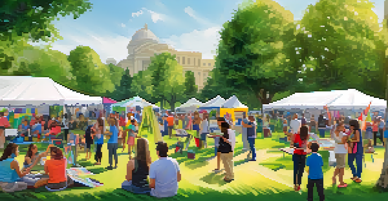 A community art event in a park featuring local artists displaying their work, with families and children engaging in art activities.