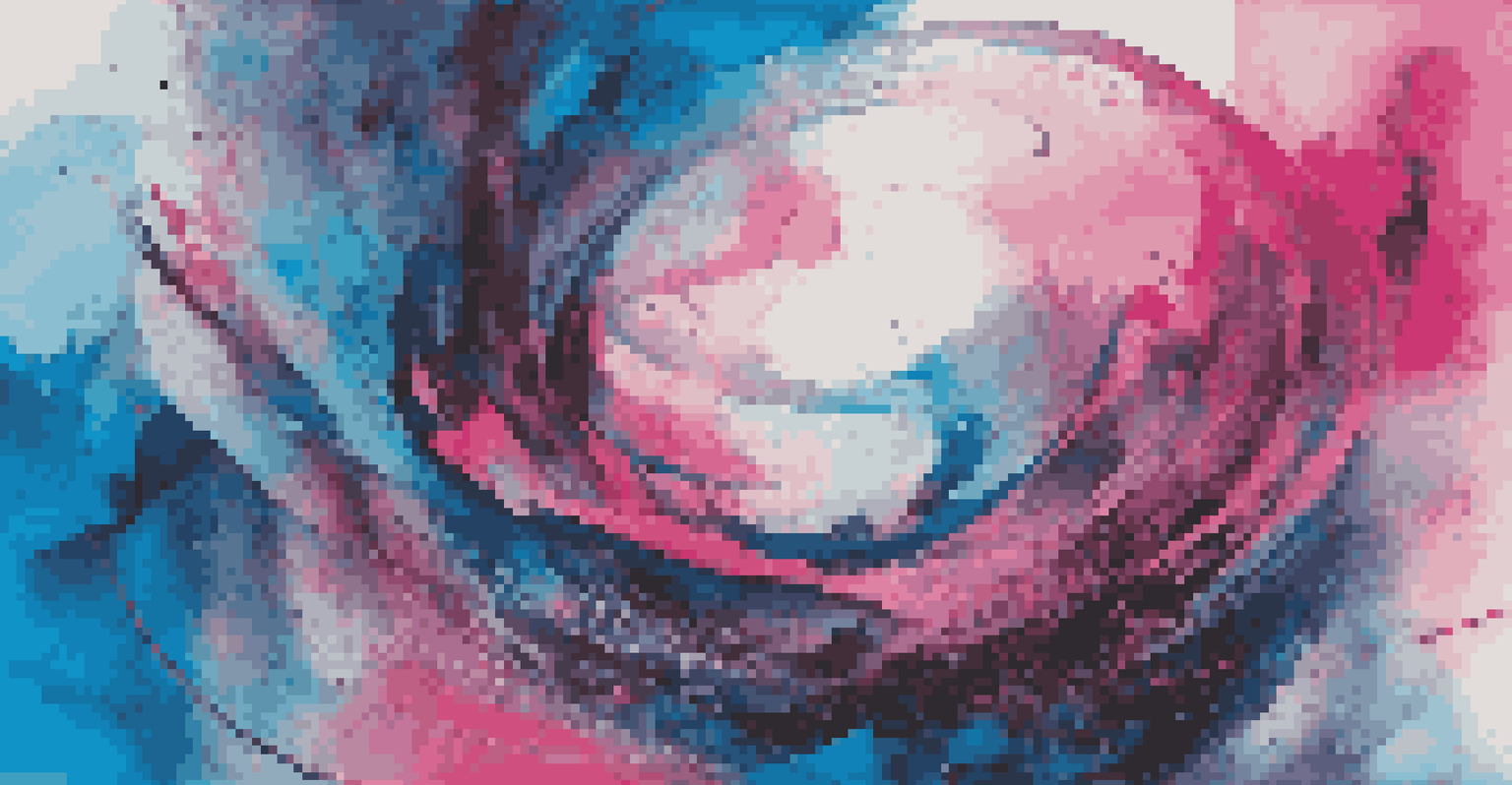 A mixed media artwork combining painting and digital elements with bright colors and abstract shapes, creating a dynamic visual experience.