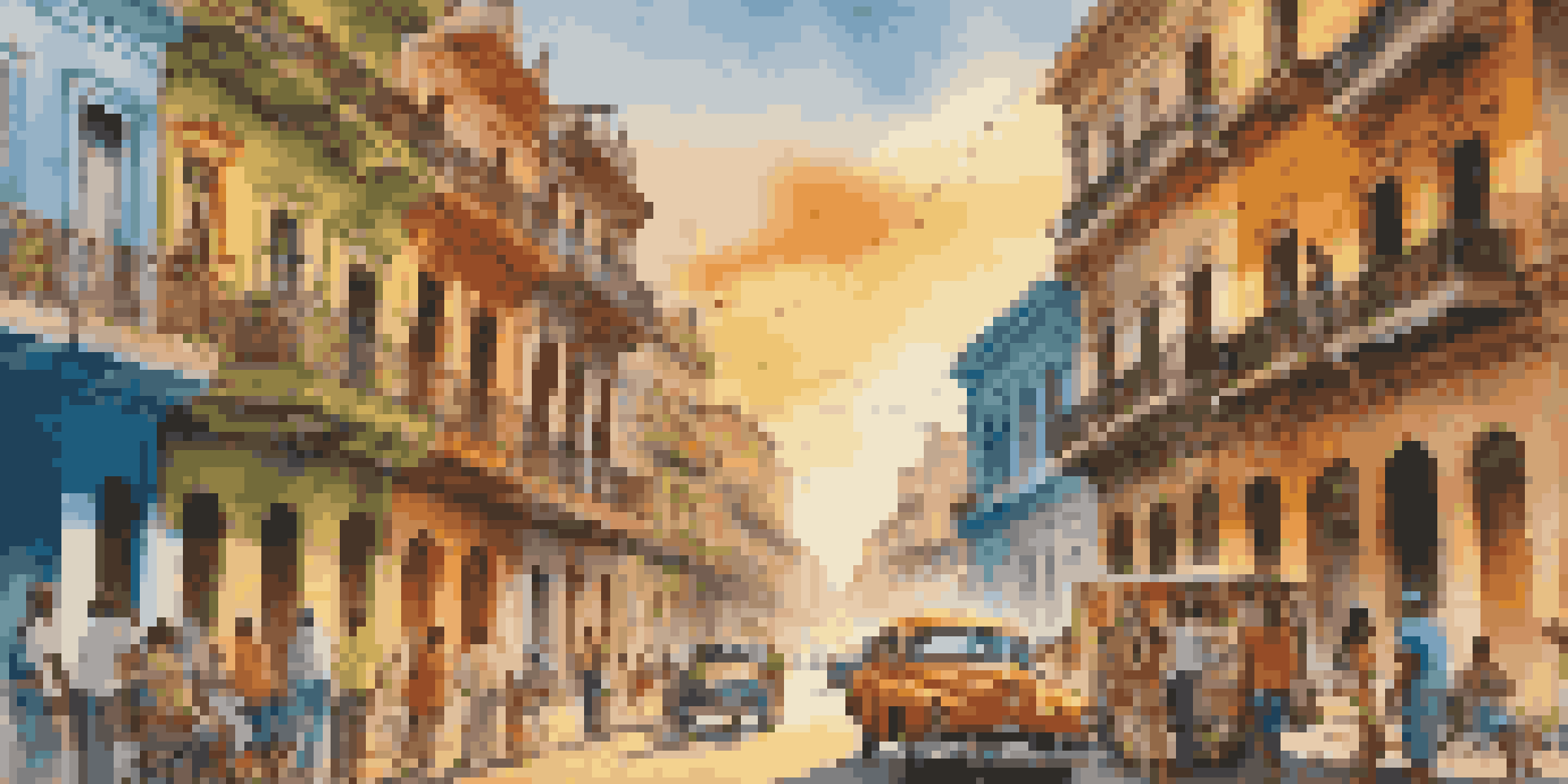 A colorful street scene in Havana with artists creating a mural together under a warm sunset.