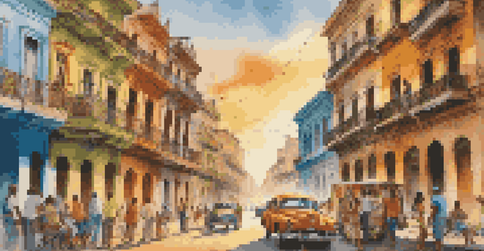 A colorful street scene in Havana with artists creating a mural together under a warm sunset.