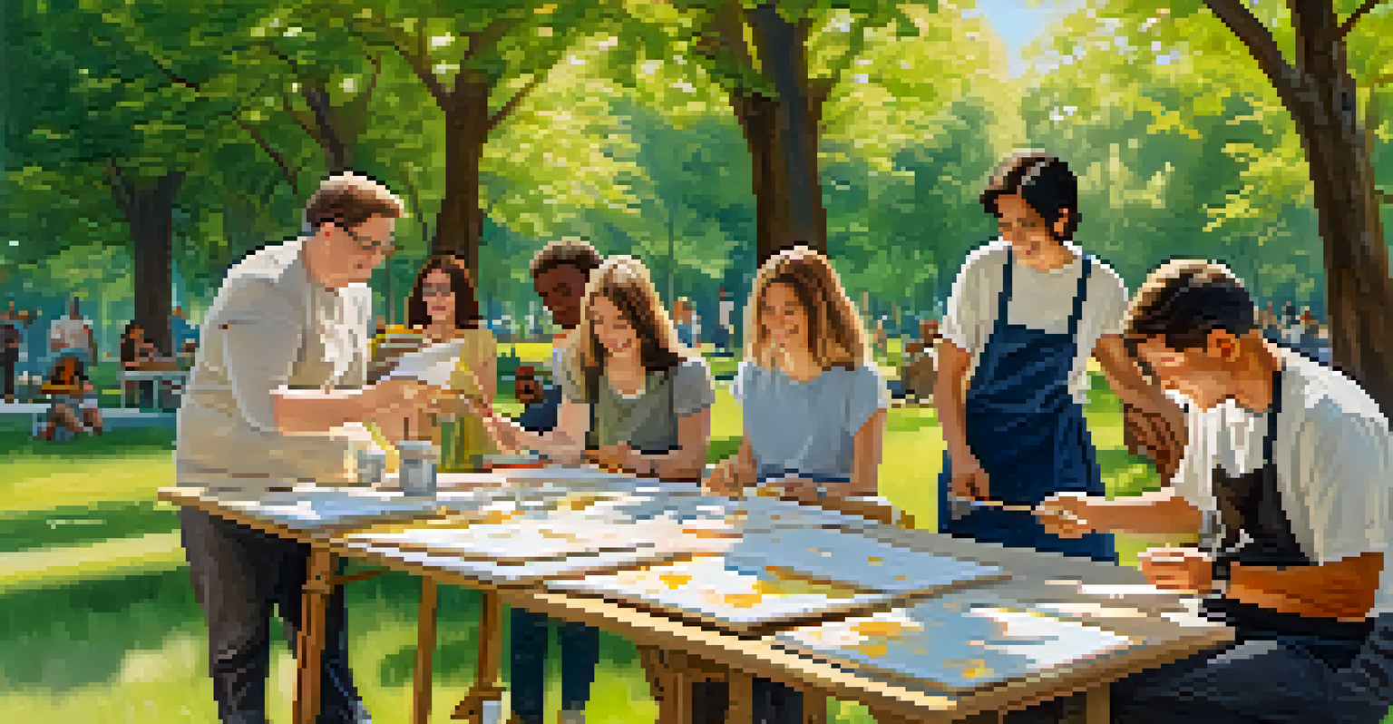 Individuals engaged in an outdoor art therapy session, painting on canvases in a peaceful park surrounded by nature.