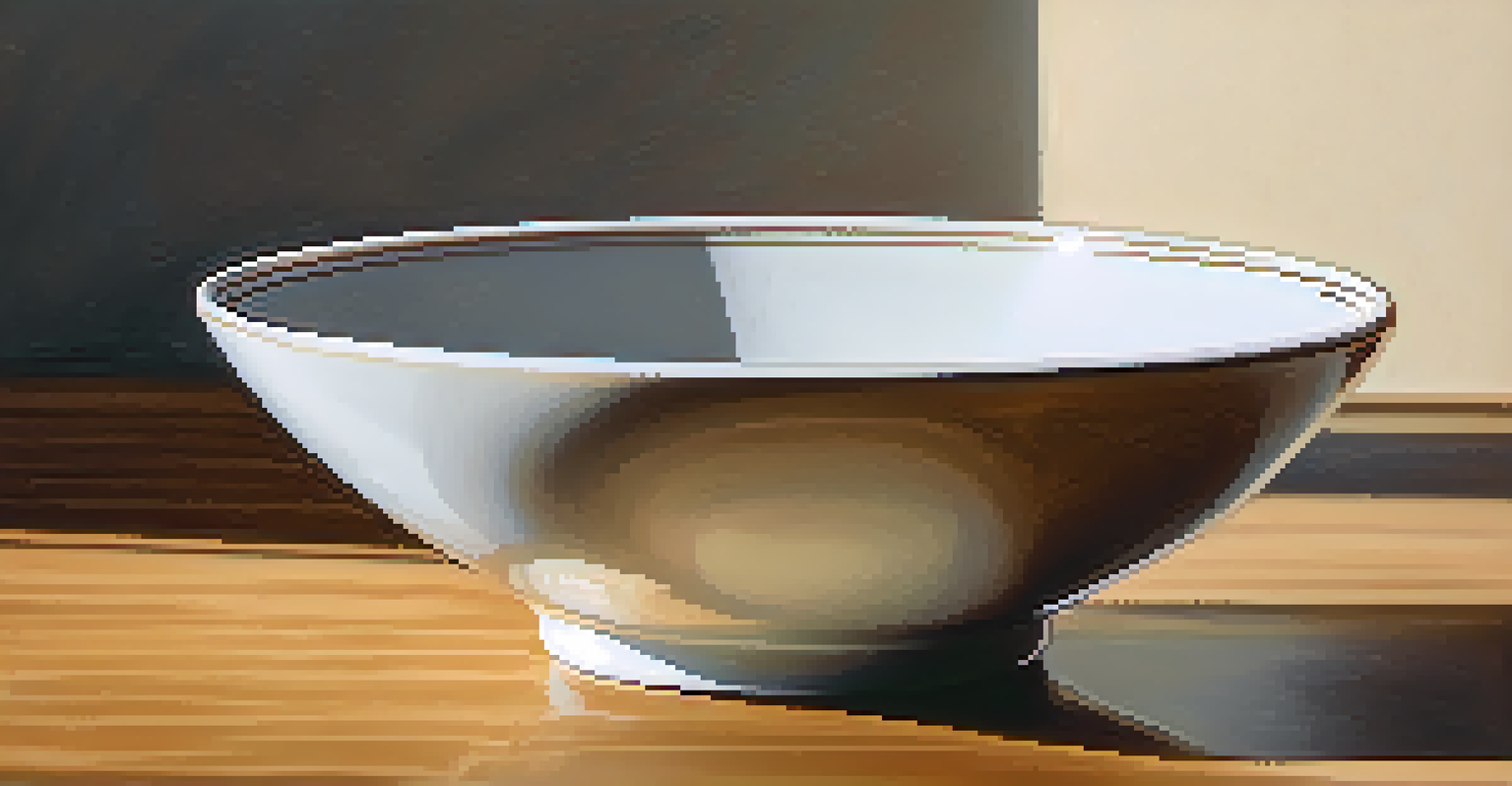A close-up of an empty ceramic bowl on a wooden table, illuminated by warm light.