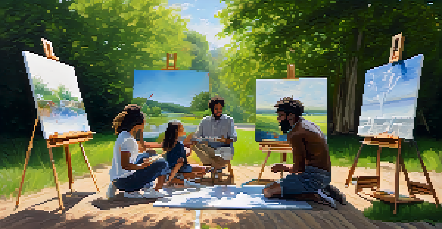 A group of diverse artists collaborating outdoors, sharing ideas and techniques with easels and canvases.
