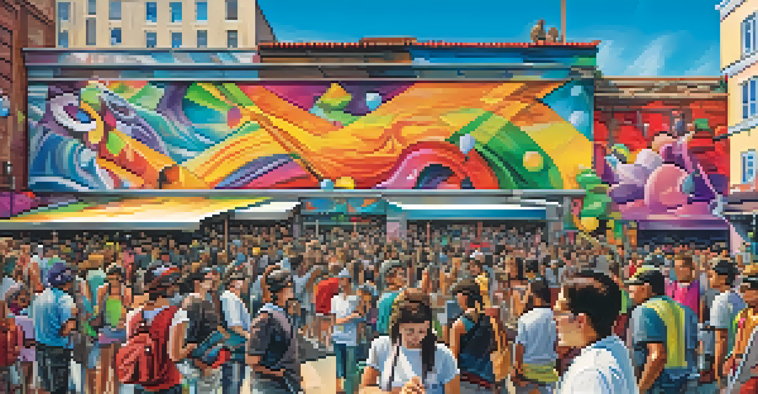 A lively street art festival with artists creating murals, a crowd enjoying the event, and workshops in progress.