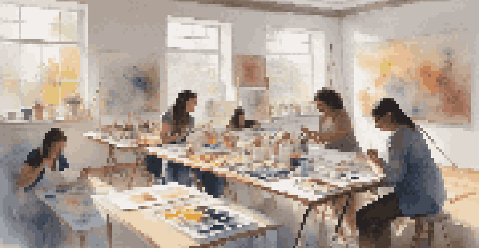 A calming art therapy session with individuals creating art in a bright studio, surrounded by art supplies and soft pastel colors.