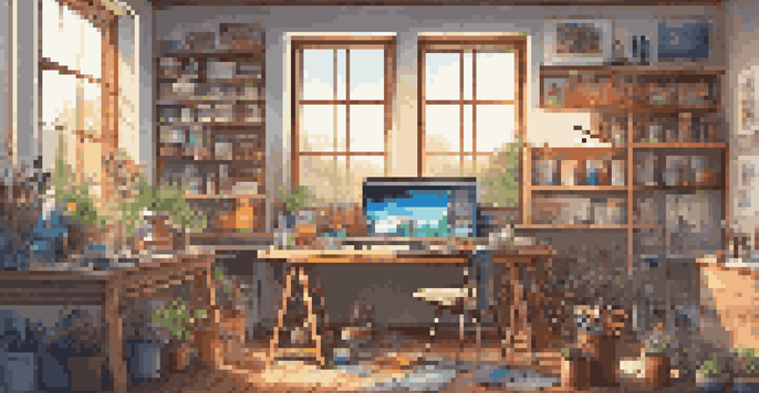 A bright digital art studio with a tablet, paintbrushes, and colorful artwork on the walls.