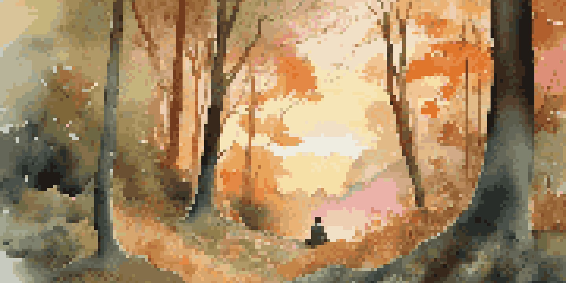 A person creating art in a peaceful forest at sunset, surrounded by nature.