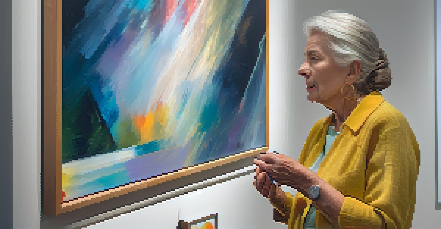 A senior woman closely examining an abstract painting in a well-lit art gallery.