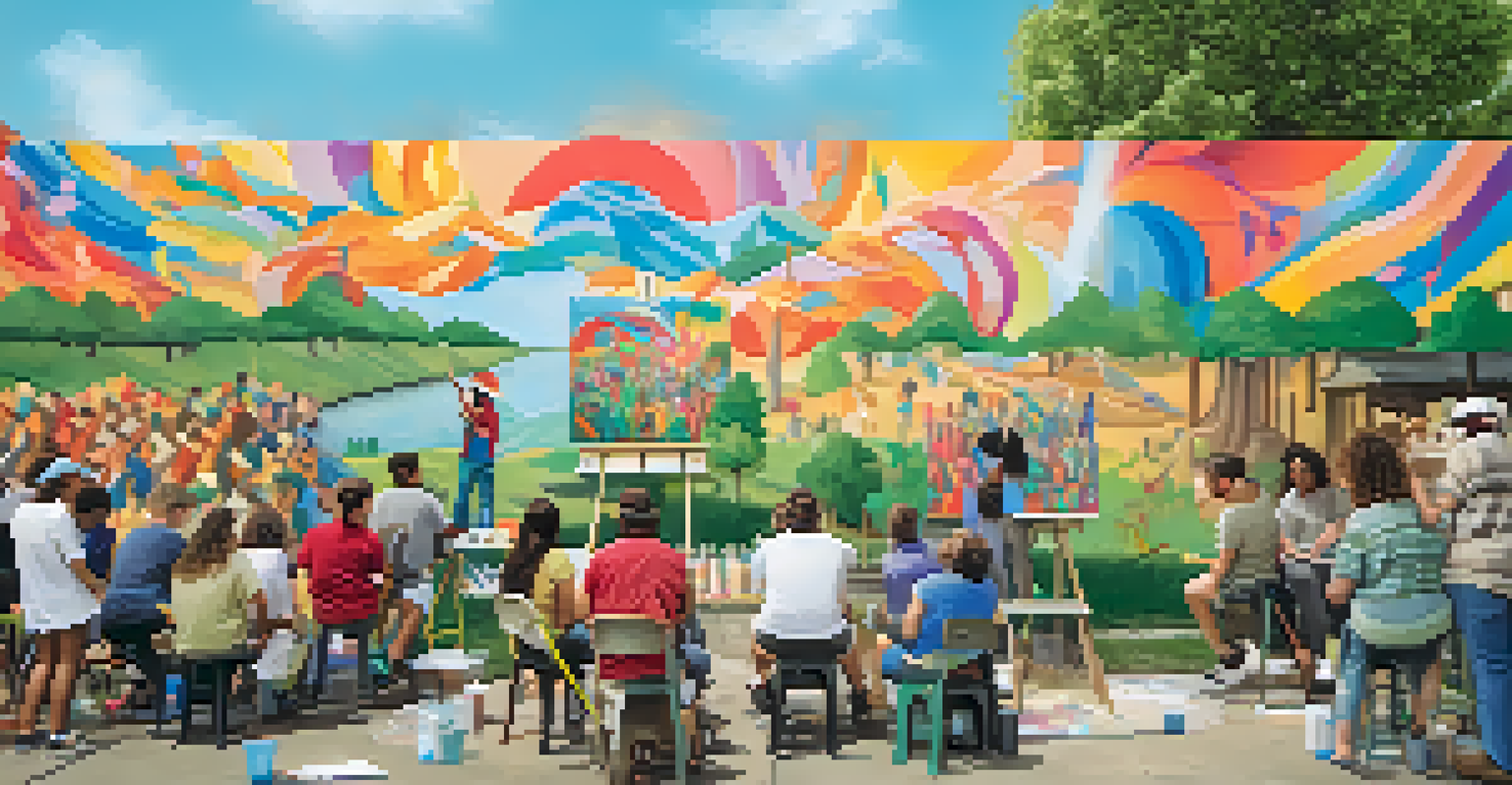 Students participating in an outdoor art workshop, painting a large mural with local artists, surrounded by trees and an engaged community.