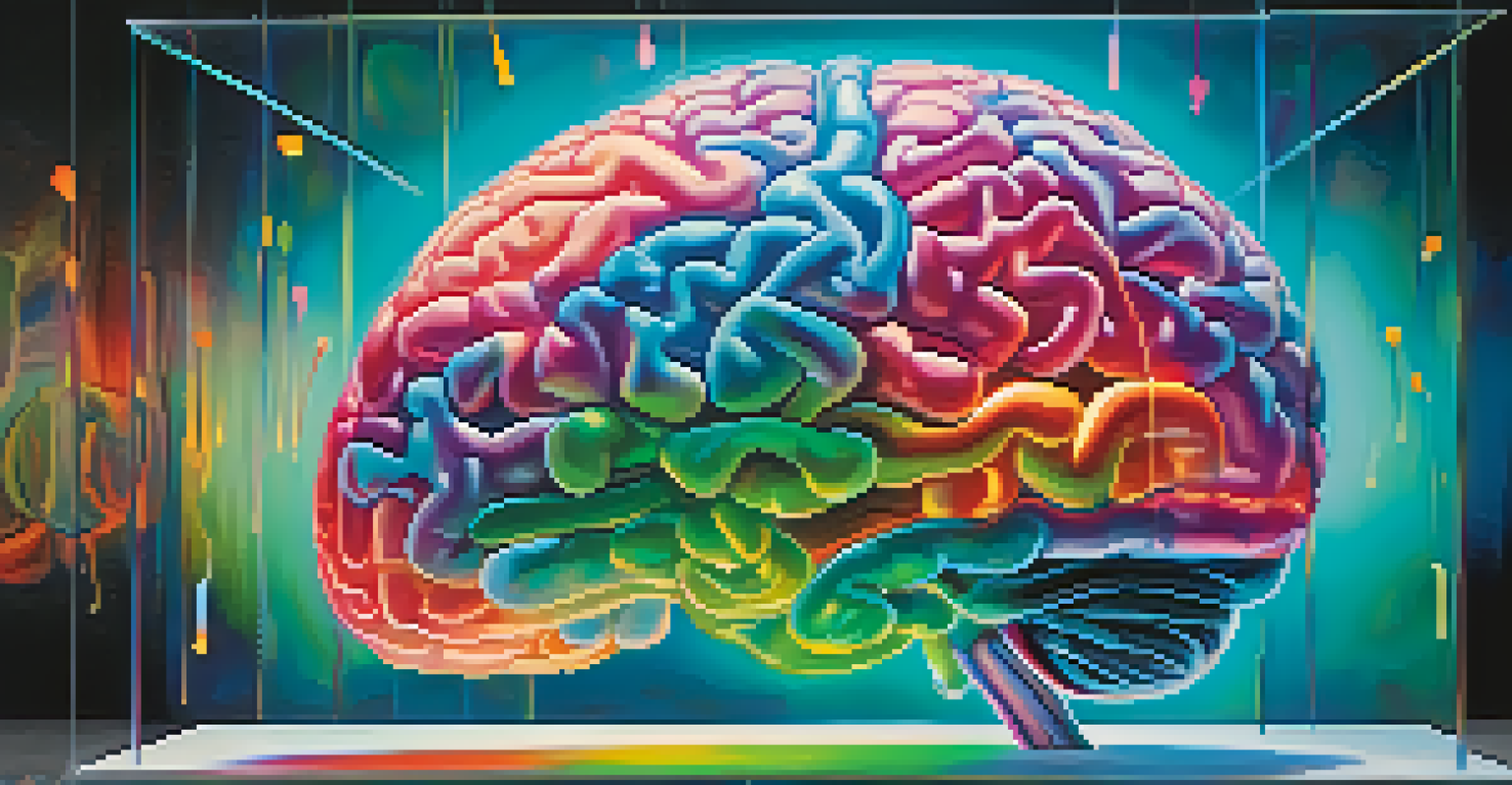A conceptual artwork of the human brain, illustrated with vibrant colors and abstract shapes, showing neural connections.