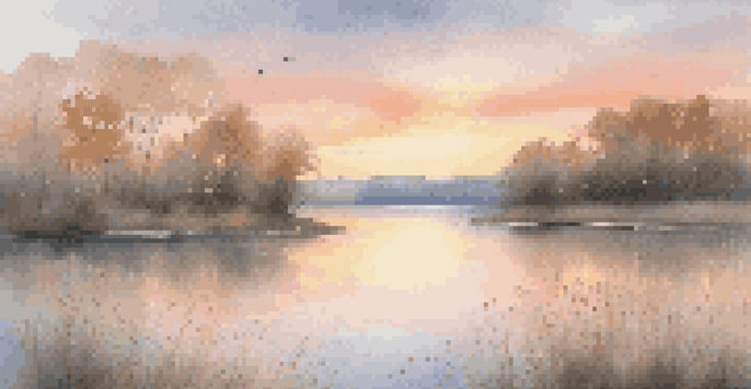 A beautiful sunrise over a calm lake with colorful reflections and wildflowers in the foreground.