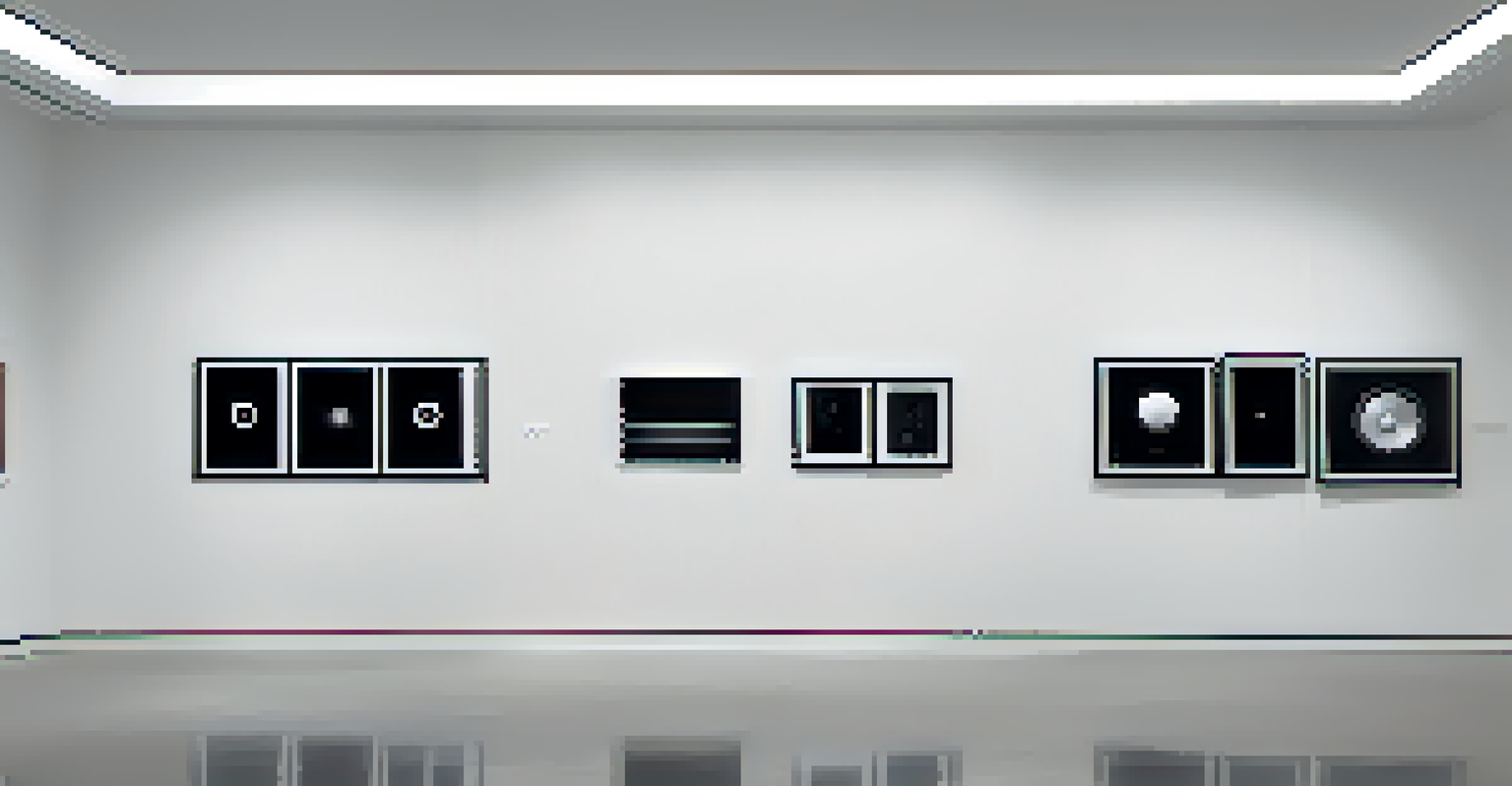 A dramatic installation with black-and-white photographs and a speaker, surrounded by silence for a contemplative atmosphere.