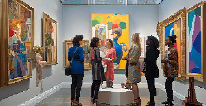 A lively art gallery filled with women collectors interacting with various artworks, emphasizing diversity and community.