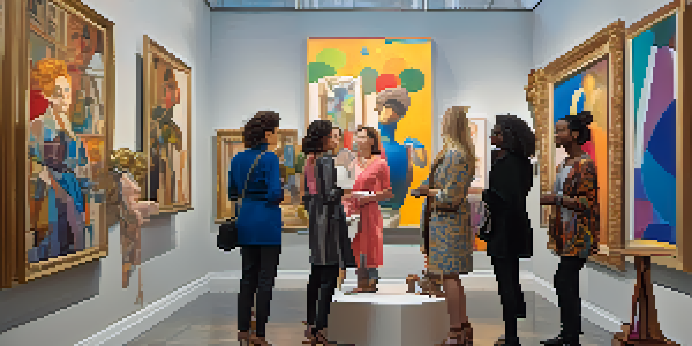 A lively art gallery filled with women collectors interacting with various artworks, emphasizing diversity and community.