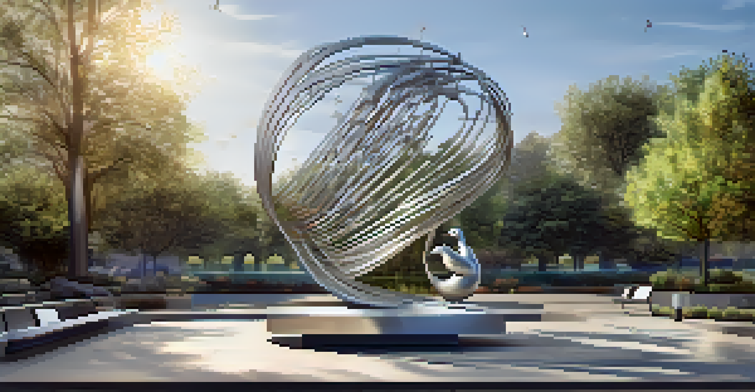 A kinetic stainless steel sculpture in a peaceful urban setting with a pond and ducks.