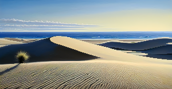 A minimalist landscape with soft sand dunes and a clear blue sky, featuring a single blade of grass in the foreground.
