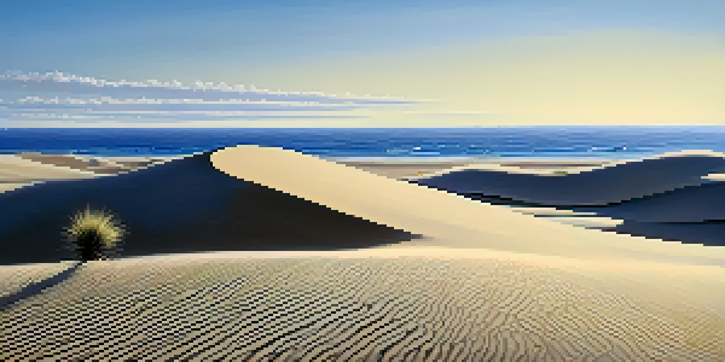 A minimalist landscape with soft sand dunes and a clear blue sky, featuring a single blade of grass in the foreground.